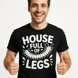 Close-up of the "House Full of Legs" white print on a premium Bella+Canvas black centipede t shirt
