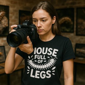 Lifestyle shot of the "House Full of Legs" black centipede t shirt in a real-world setting