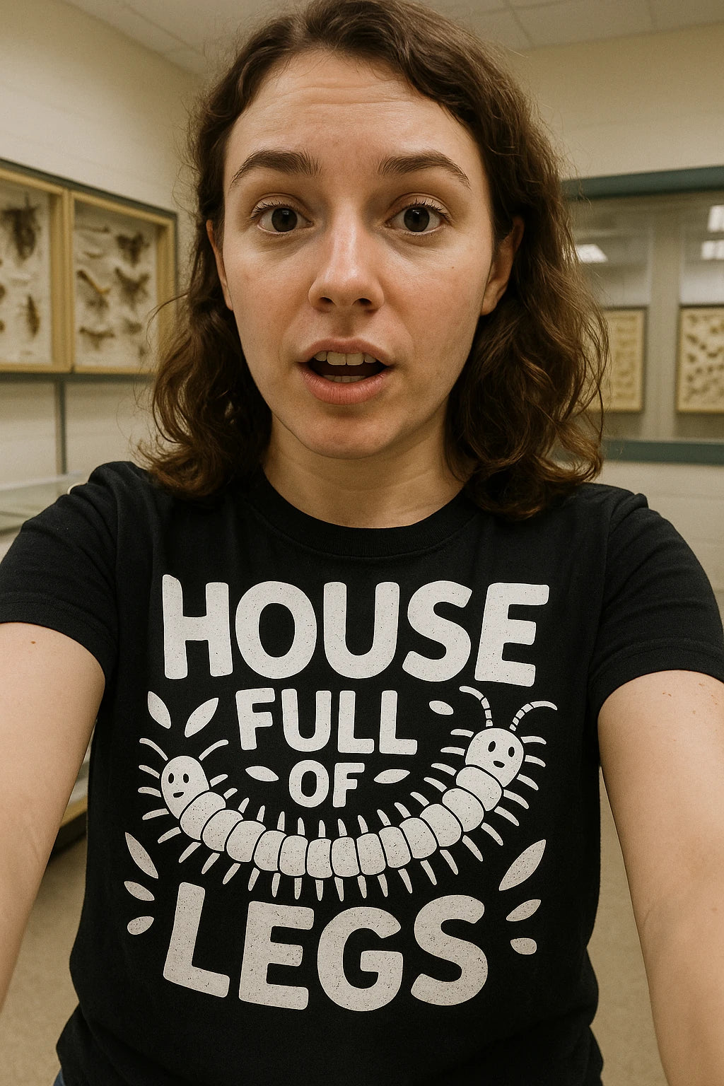 "House Full of Legs" black centipede t shirt, photographed as centipede lover gift