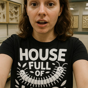 "House Full of Legs" black centipede t shirt, photographed as centipede lover gift