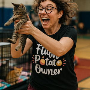 "Fluffy Potato Owner" black cats t shirt, photographed as cats lover gift