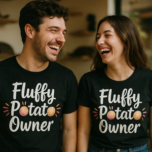 Person wearing the black cats t shirt graphic tee - "Fluffy Potato Owner" design