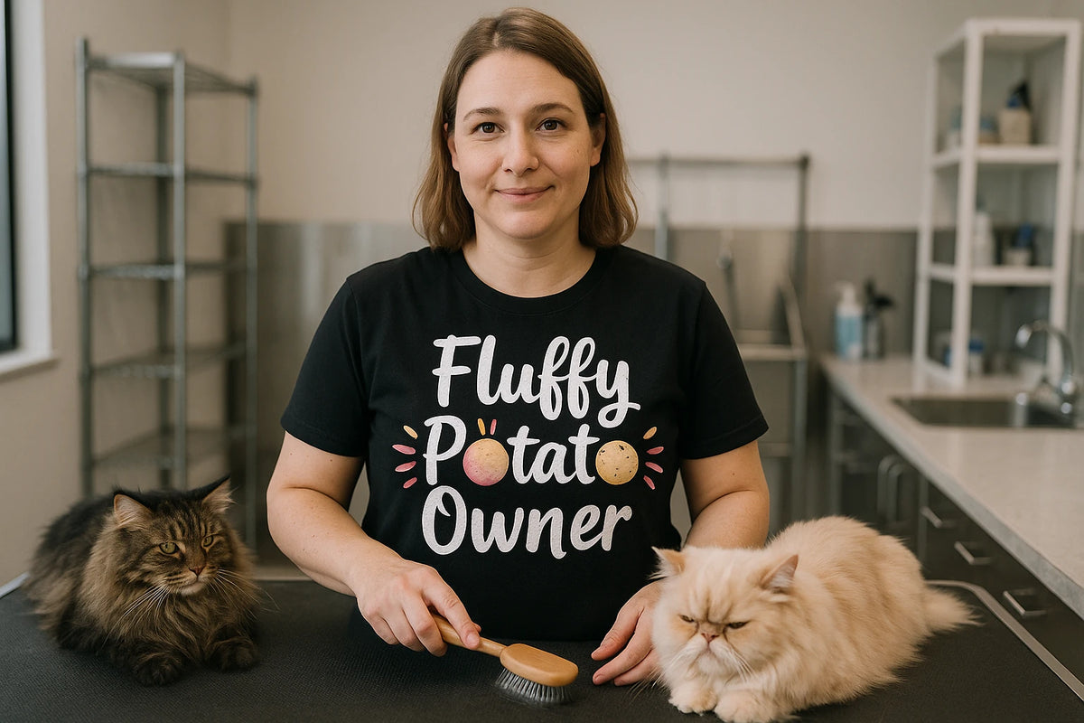 Lifestyle shot of the "Fluffy Potato Owner" black cats t shirt in a real-world setting