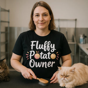 Lifestyle shot of the "Fluffy Potato Owner" black cats t shirt in a real-world setting