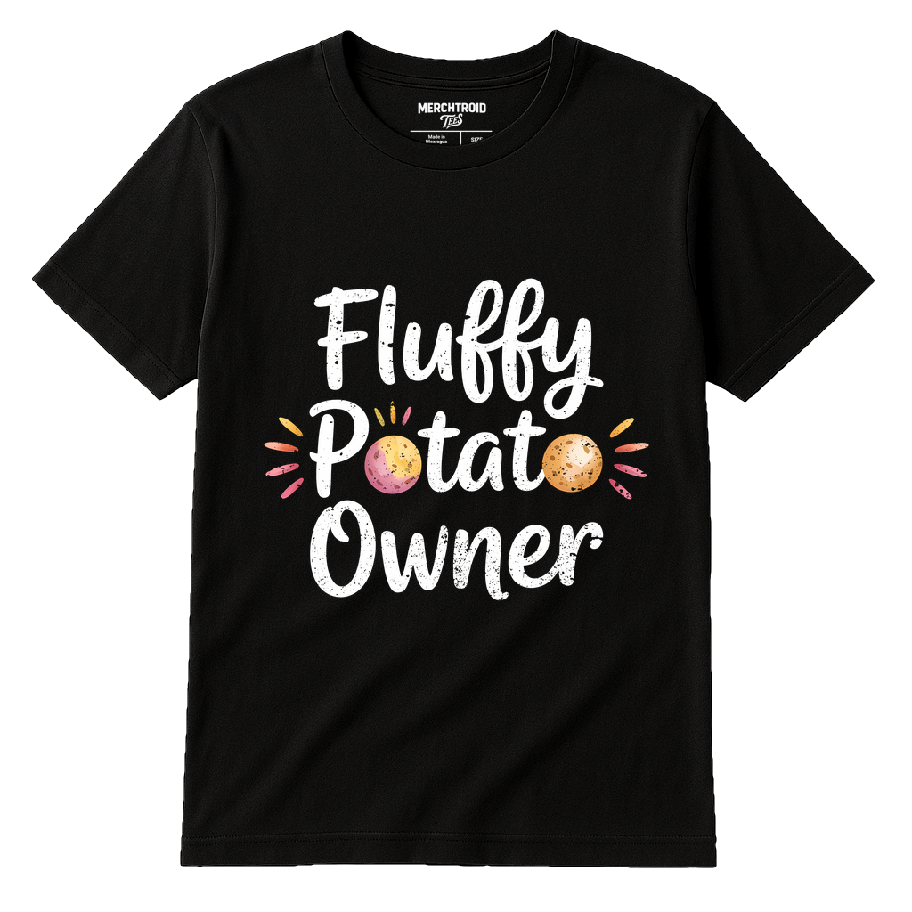Black Cats T Shirt - "Fluffy Potato Owner" graphic tee with white print, flat lay product photo