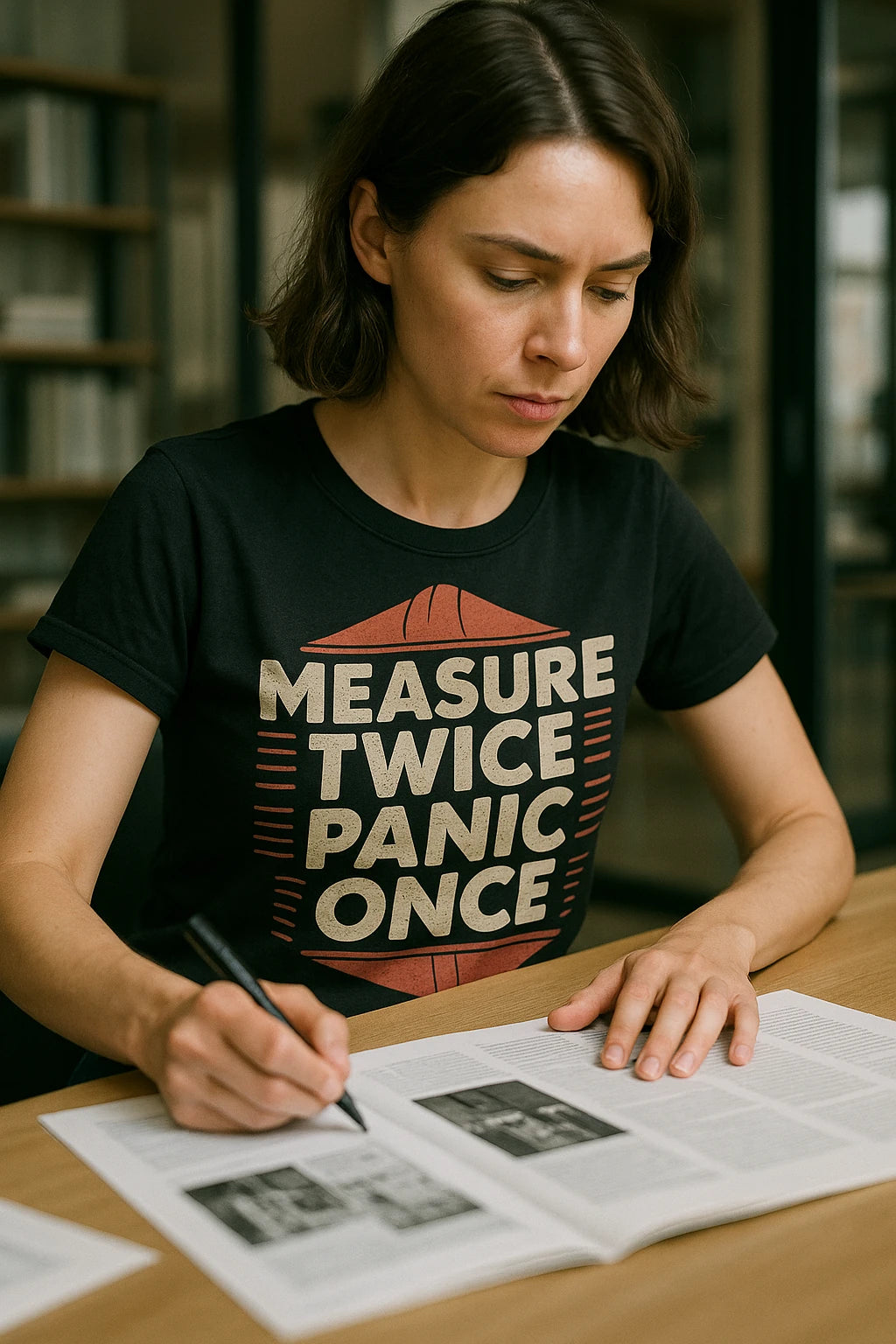 "Measure Twice Panic Once" black architect t shirt - also a architect gift ideas