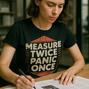 "Measure Twice Panic Once" black architect t shirt - also a architect gift ideas