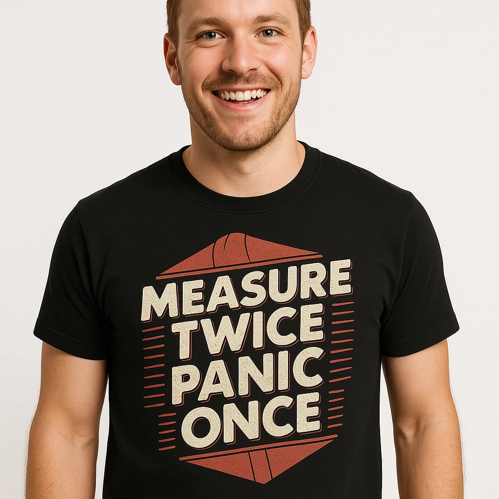 Close-up of the "Measure Twice Panic Once" tan print on a premium Bella+Canvas black architect t shirt