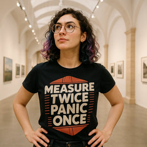 Lifestyle shot of the "Measure Twice Panic Once" black architect t shirt in a real-world setting