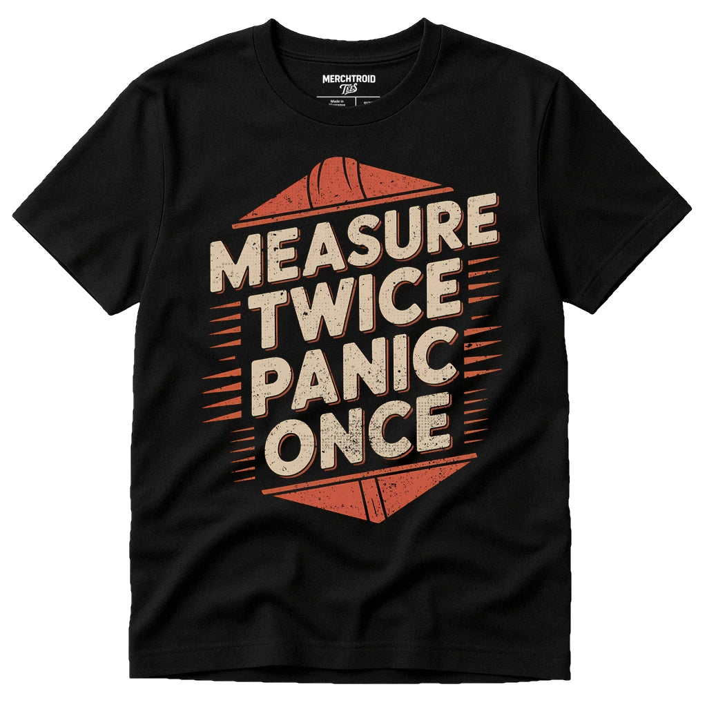 Black Architect T Shirt - "Measure Twice Panic Once" graphic tee with tan print, flat lay product photo