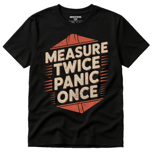 Black Architect T Shirt - "Measure Twice Panic Once" graphic tee with tan print, flat lay product photo