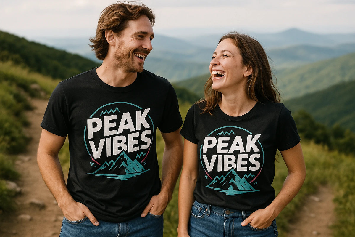 Person wearing the black hiking shirts graphic tee - "Peak Vibes" design