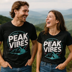 Person wearing the black hiking shirts graphic tee - "Peak Vibes" design