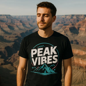 Lifestyle shot of the "Peak Vibes" black hiking shirts in a real-world setting