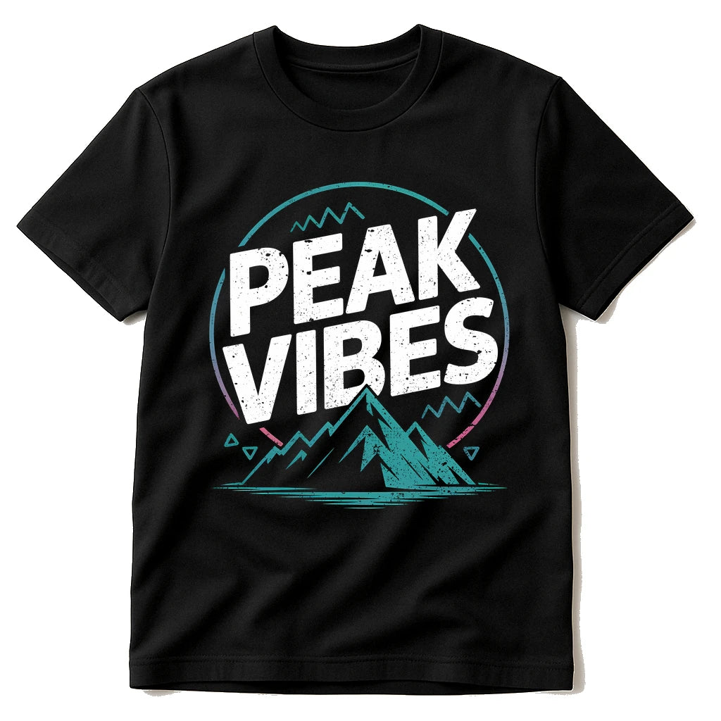 Black Hiking Shirts - "Peak Vibes" graphic tee with white print, flat lay product photo