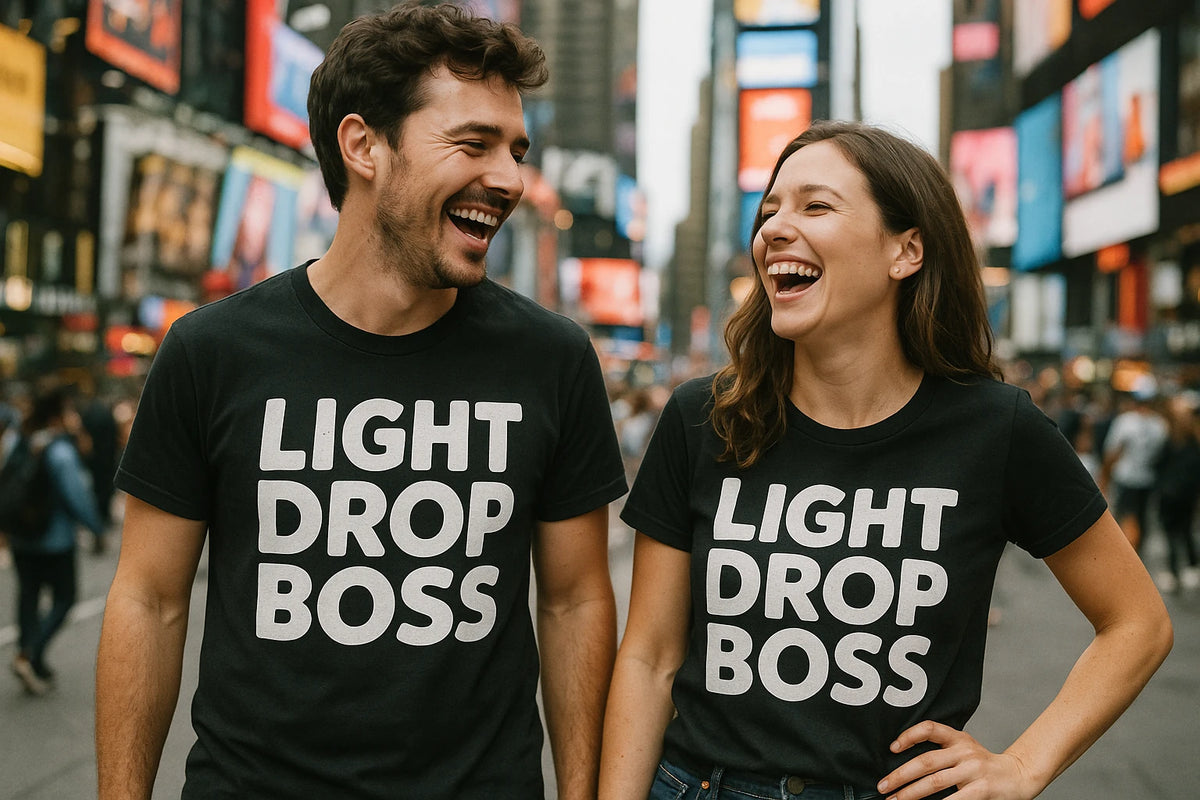 Person wearing the black men's new years eve shirts graphic tee - "Light Drop Boss" design