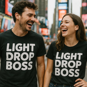 Person wearing the black men's new years eve shirts graphic tee - "Light Drop Boss" design