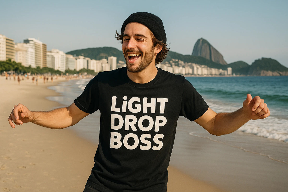 Lifestyle shot of the "Light Drop Boss" black men's new years eve shirts in a real-world setting