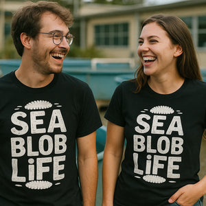 Person wearing the black cucumber t shirt graphic tee - "Sea Blob Life" design