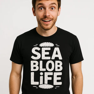 Close-up of the "Sea Blob Life" white print on a premium Bella+Canvas black cucumber t shirt