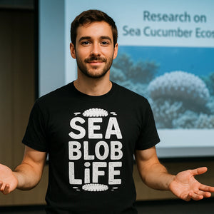 Lifestyle shot of the "Sea Blob Life" black cucumber t shirt in a real-world setting