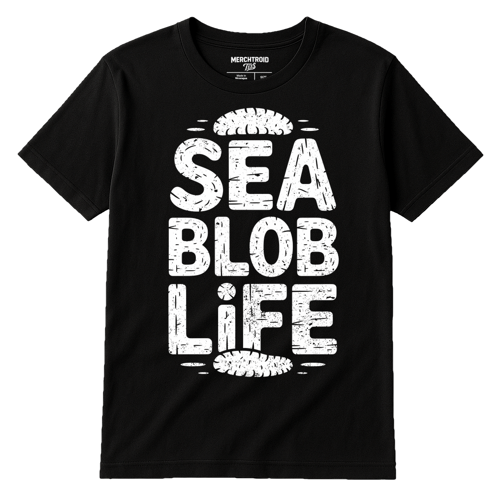 Black Cucumber T Shirt - "Sea Blob Life" graphic tee with white print, flat lay product photo
