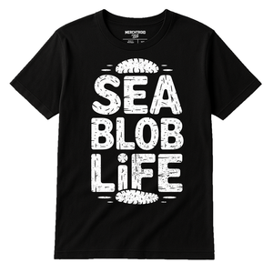 Black Cucumber T Shirt - "Sea Blob Life" graphic tee with white print, flat lay product photo