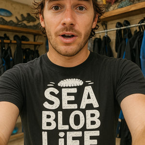 "Sea Blob Life" black cucumber t shirt, photographed as sea cucumber lover gift