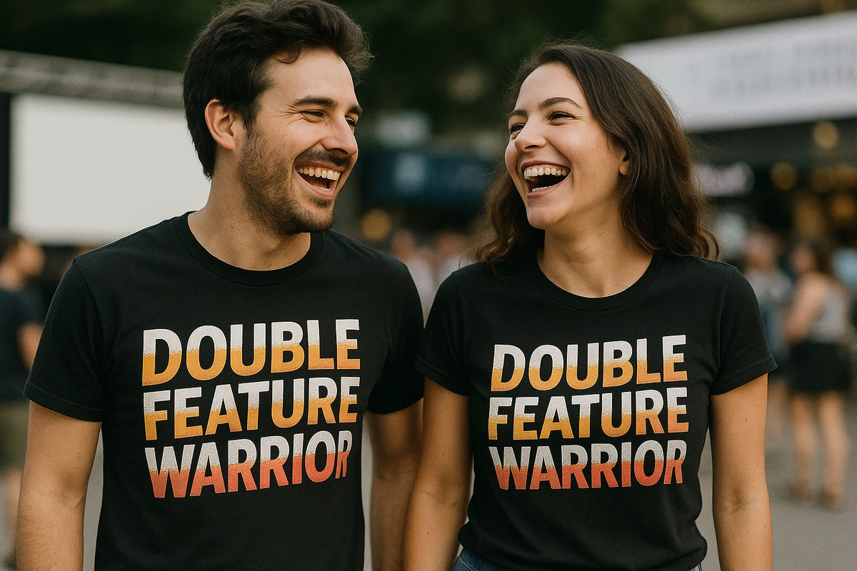 Person wearing the black graphic tee graphic tee - "Double Feature Warrior" design