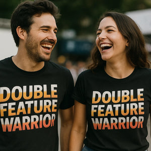 Person wearing the black graphic tee graphic tee - "Double Feature Warrior" design