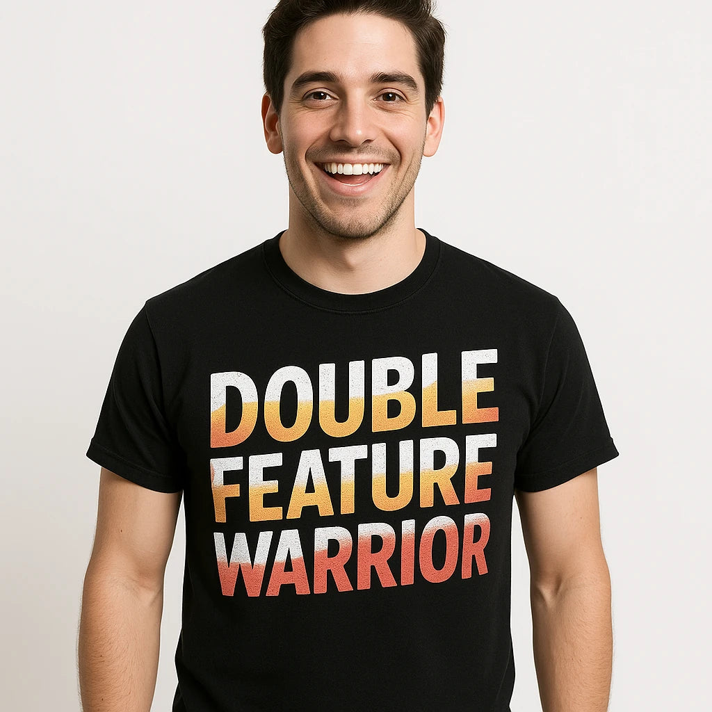 Close-up of the "Double Feature Warrior" orange print on a premium Bella+Canvas black graphic tee