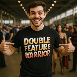 Lifestyle shot of the "Double Feature Warrior" black graphic tee in a real-world setting
