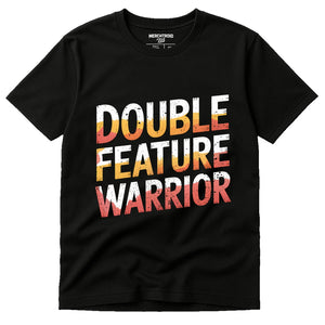Black Graphic Tee - "Double Feature Warrior" graphic tee with orange print, flat lay product photo