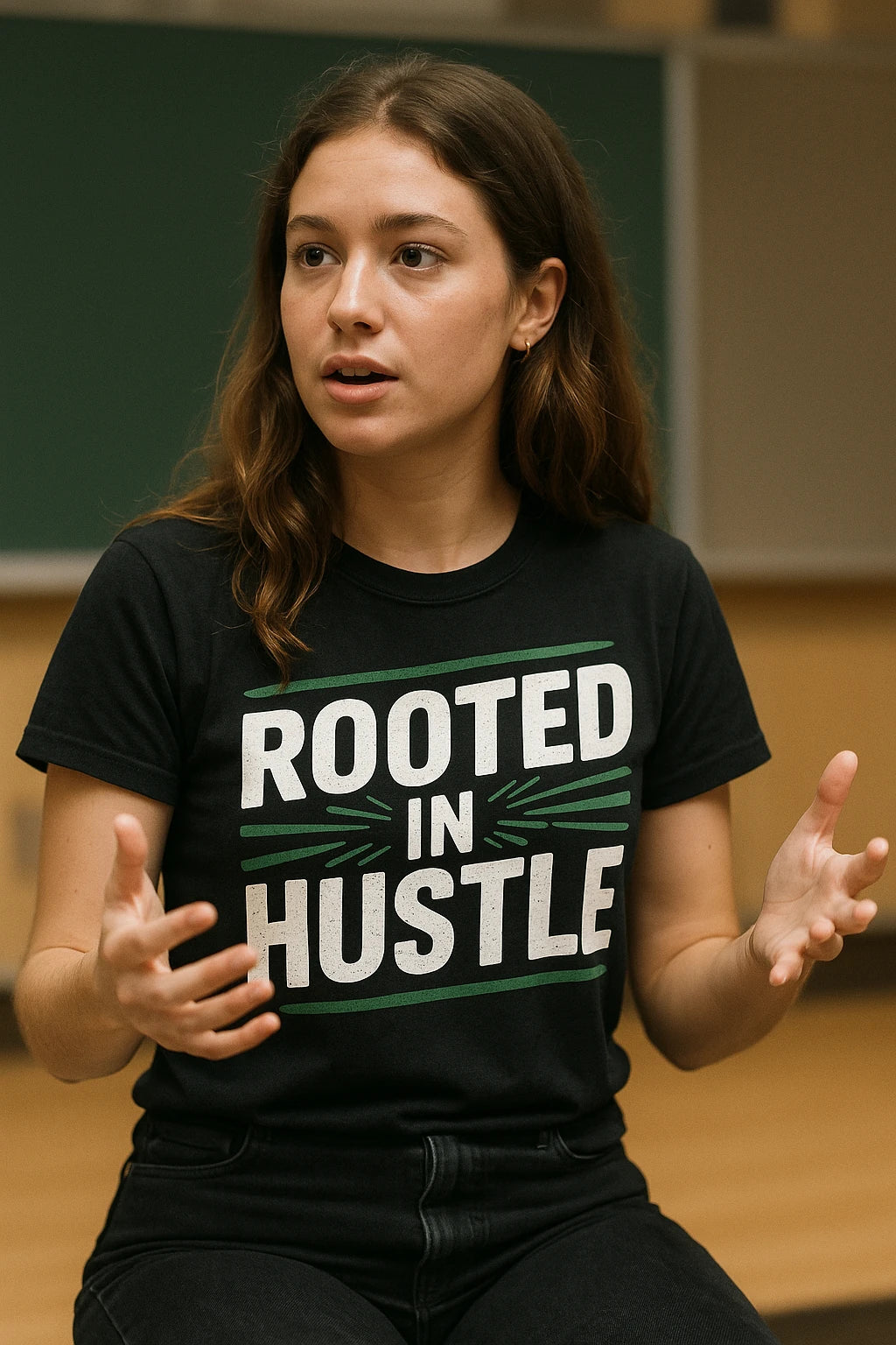 A person with long brown hair is speaking animatedly, wearing a black T-shirt with the text "ROOTED IN HUSTLE." They are seated indoors, with a blurred background suggesting a classroom setting.