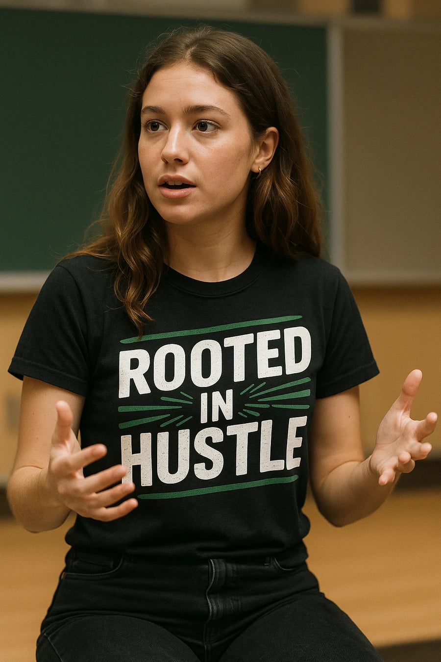 A person with long brown hair is speaking animatedly, wearing a black T-shirt with the text "ROOTED IN HUSTLE." They are seated indoors, with a blurred background suggesting a classroom setting.