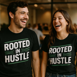Person wearing the black growth mindset t shirt graphic tee - "Rooted in Hustle" design