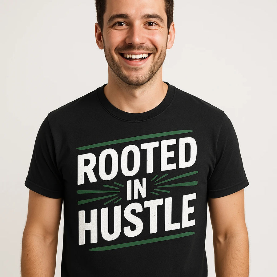 A smiling person wearing a black T-shirt with the text "ROOTED IN HUSTLE" printed in white and green. The background is plain and light-colored.