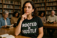 A woman sits thoughtfully at a table in a library, with a light hand on her chin. She is wearing a black t-shirt that says 