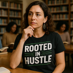 Lifestyle shot of the "Rooted in Hustle" black growth mindset t shirt in a real-world setting