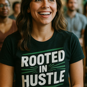 "Rooted in Hustle" black growth mindset t shirt, photographed as growth mindset lover gift