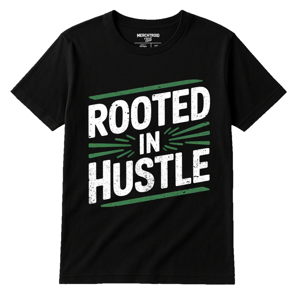 A black T-shirt with bold white and green text that says "ROOTED IN HUSTLE" across the front. The text is arranged diagonally with decorative lines. There is no person visible in the image.