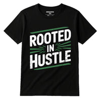 A black T-shirt with bold white and green text that says 