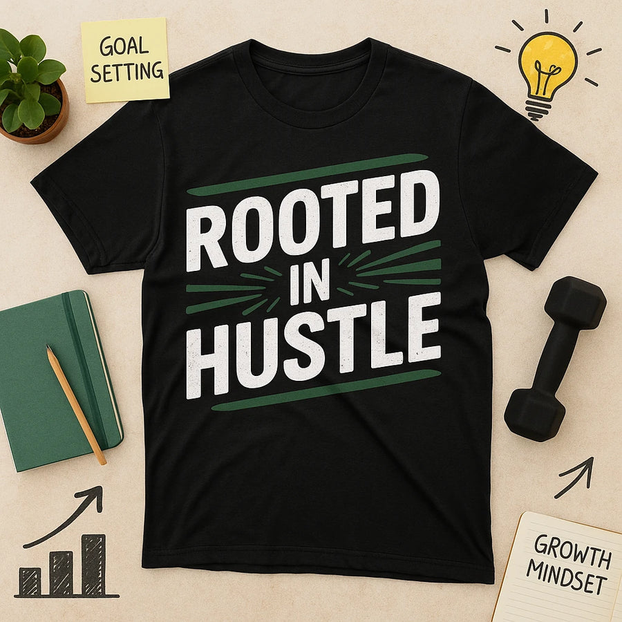 The image shows a flat lay of a black t-shirt with the words "ROOTED IN HUSTLE" printed in bold white and green lettering. Surrounding the shirt are a potted plant, a notebook with a pencil, a sticky note reading "GOAL SETTING," an illustrated light bulb, a dumbbell, and another sticky note reading "GROWTH MINDSET." There are also drawn arrows and a bar chart symbolizing progress and development.
