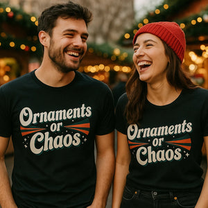 Person wearing the black mens christmas shirts graphic tee - "Ornaments Or Chaos" design
