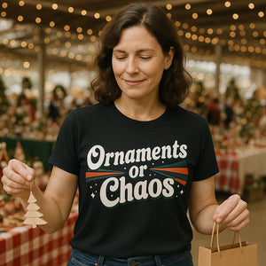 Lifestyle shot of the "Ornaments Or Chaos" black mens christmas shirts in a real-world setting