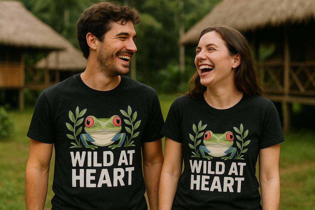 Person wearing the black rainforest shirts graphic tee - "Wild At Heart" design