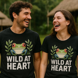 Person wearing the black rainforest shirts graphic tee - "Wild At Heart" design