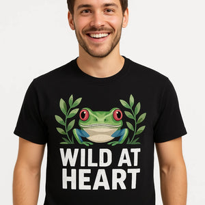 Close-up of the "Wild At Heart" white print on a premium Bella+Canvas black rainforest shirts