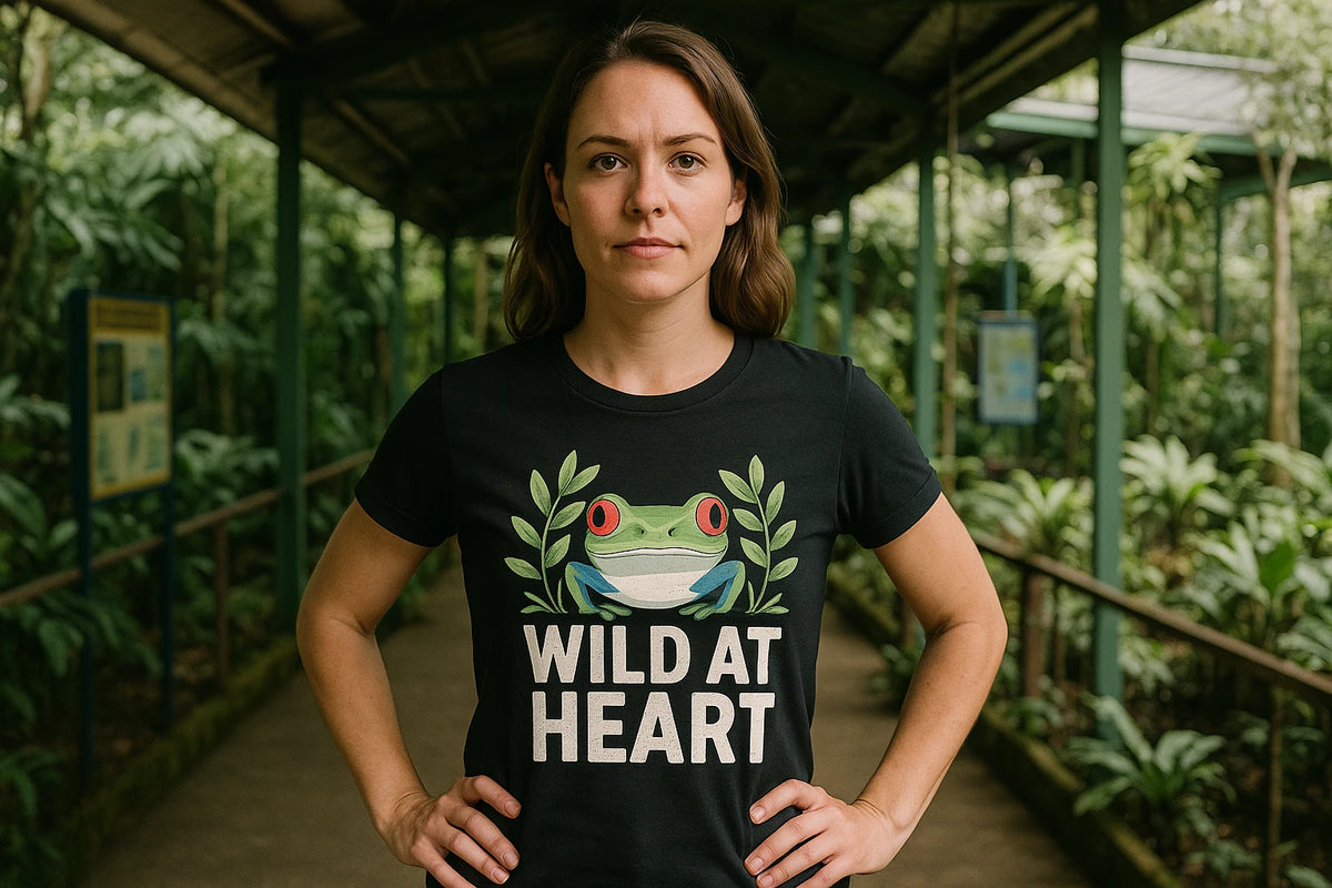 Lifestyle shot of the "Wild At Heart" black rainforest shirts in a real-world setting