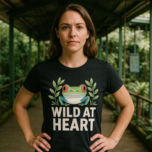 Lifestyle shot of the "Wild At Heart" black rainforest shirts in a real-world setting